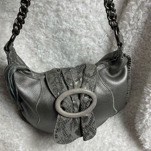 CHI by Carlos Falchil Hobo leather gray shoulder bag with shake skin flap& strap